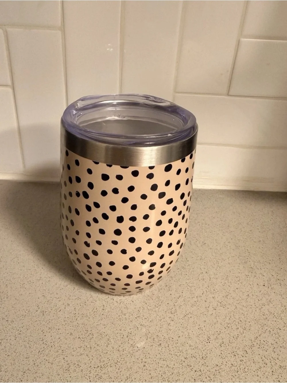 Polka Dot Beige Black Insulated Stainless Steel Wine Tumbler with Lid